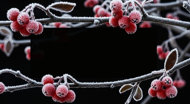 Close up of frozen red berries on branches with frost against black background for winter season
