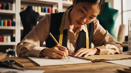 Happy Asian fashion designer drawing sketches in her professional tailoring workshop studio.