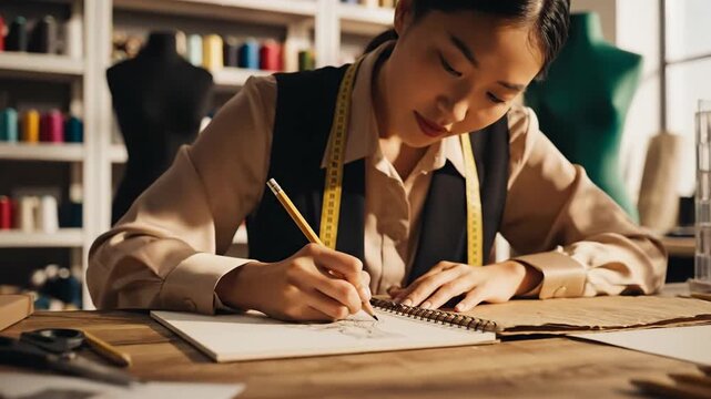 Happy Asian fashion designer drawing sketches in her professional tailoring workshop studio.