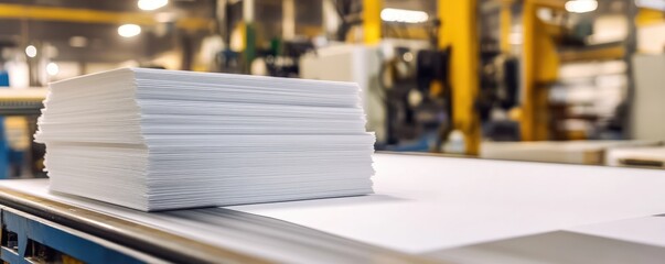 Stacking freshly cut paper sheets in factory.