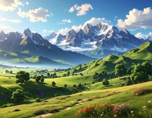 Pastoral landscape featuring lush green hills and snow-capped mountains