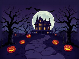 Haunted mansion on a rocky path with jack-o-lanterns under a full moon on halloween night white background