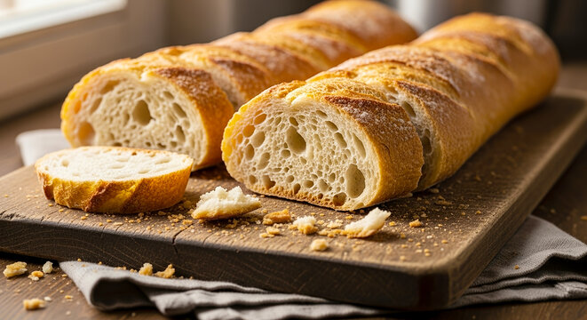 Freshly baked baguette sliced on wooden cutting board close up