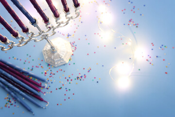 Religion image of jewish holiday Hanukkah background with menorah (traditional candelabra) and...