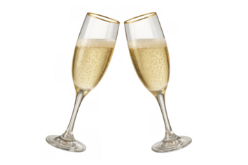 Two champagne flutes clinking in a celebratory toast, bubbling sparkling wine for a festive occasion on a transparent background