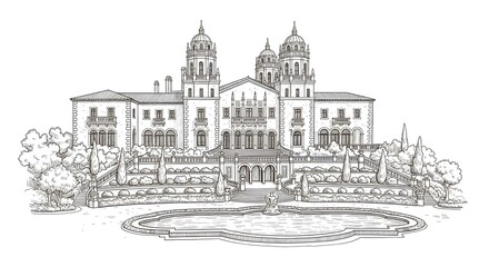 Historical Palace Illustration with Gardens and Fountain