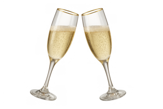 Two champagne flutes clinking in a celebratory toast, bubbling sparkling wine for a festive occasion on a transparent background