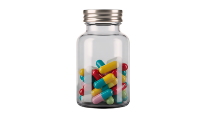 Colorful pharmaceutical capsules and pills in a clear glass medicine bottle, symbolizing health and modern treatment, isolated on a clean transparent background