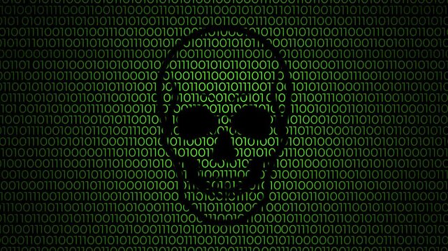 Green binary code design moving horizontally over a skull icon, representing cyber danger.
