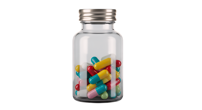 Colorful pharmaceutical capsules and pills in a clear glass medicine bottle, symbolizing health and modern treatment, isolated on a clean transparent background - Powered by Adobe