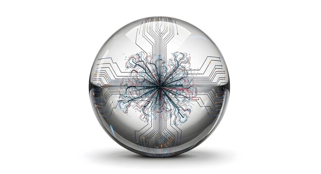 Transparent sphere featuring digital circuitry isolated on white background