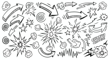 Doodle hand drawn arrow shock explosion effect spirals star symbols sketch vector elements