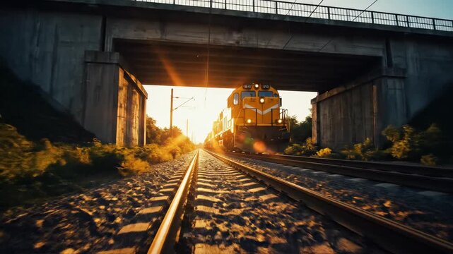 Speeding trains passing each other on parallel tracks during golden hour sunset.