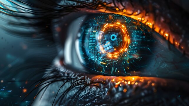 Close-up human eye with glowing AI circuits, digital grids, futuristic pathways, realistic skin, cinematic lighting, black, blue, neon green, orange."