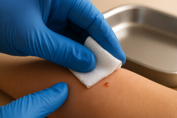 Obraz premium A medical professional in blue gloves gently presses a sterile gauze pad against a child’s arm after an injection, capturing a calm, hygienic moment in routine pediatric medical care.