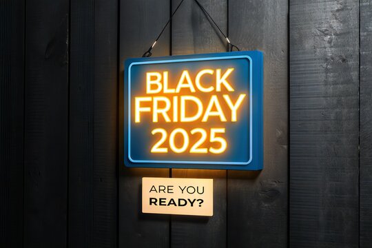 Black Friday 2025 neon sign on a dark wood wall retail promotion advertising concept - Powered by Adobe