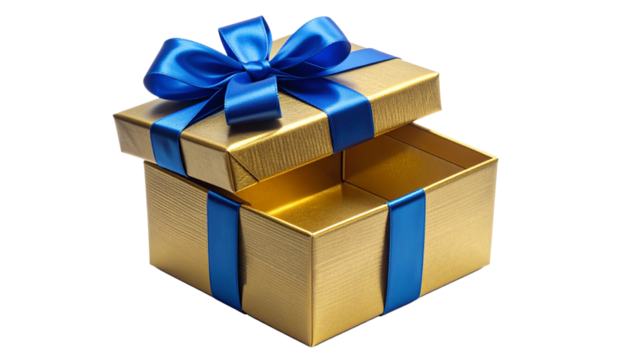 Open yellow Gift Box with Blue Ribbon Bow Isolated PNG - Powered by Adobe