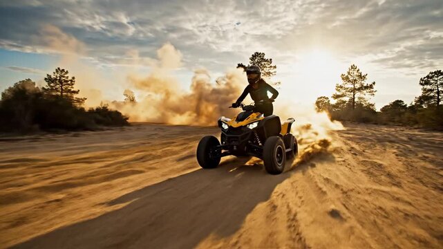 Powerful offroad adventure as quad bike racer speeds through dusty desert trail
