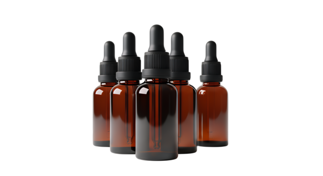 A group of amber brown glass dropper bottles, perfect for essential oils or beauty serums, showcasing detailed design and isolated on a clean transparent background