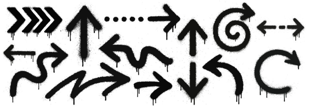 Graffiti spray paint arrows collection with urban drips and bold directional symbols on white backgroundWeb