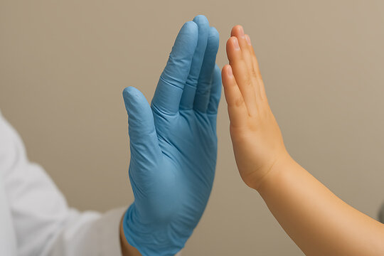 A healthcare professional wearing a blue medical glove gently high-fives a child, symbolizing trust, encouragement, and positive connection during a comforting medical interaction.