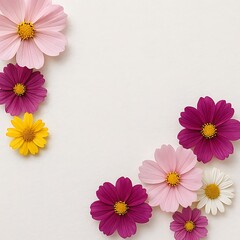 Minimal floral layout with colorful cosmos flowers on soft white background and copy space, for invitations and feminine design themes, Soft floral composition featuring cosmos flower with blank space