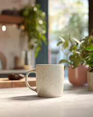 Diffused light kitchen counter with ceramic coffee mug