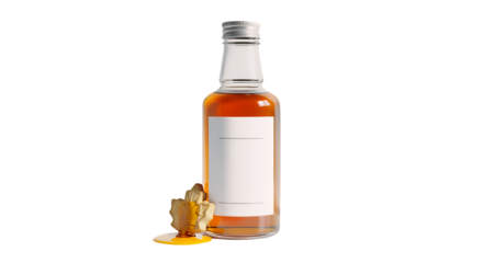 Small glass bottle of amber spirit, like whiskey, with a subtle liquid spill and decorative golden fruit, all precisely isolated on a clean transparent background