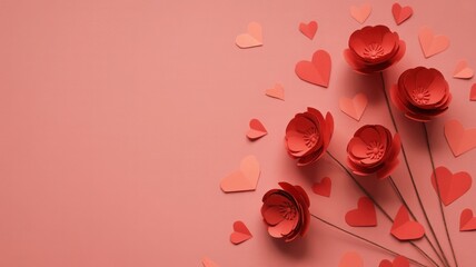Red paper flowers and hearts on a pink background for valentines day