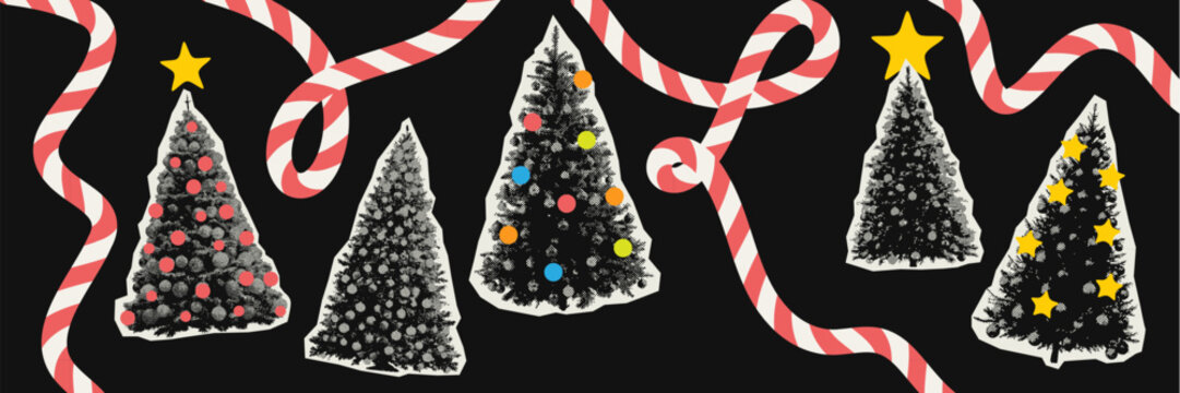 Halftone grunge Christmas tree illustration with bold retro colors and festive graphic holiday elements