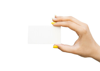 Hand holding blank business card isolated on transparent background