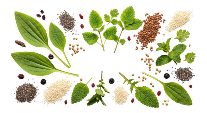 Top View Medicinal Leaves and Seeds on White Backdrop  PNG Clean