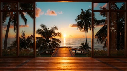 Tropical Ocean View at Sunset Through Large Glass Sliding Doors and Palm Trees