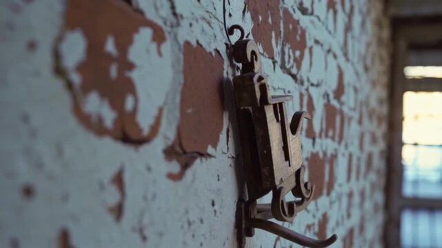 Wooden Santa sleigh hanging on old brick wall with peeling white paint. Concept of vintage Christmas decoration, rustic holiday atmosphere, winter festive exterior detail