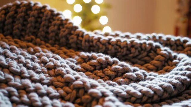 Cozy knitted brown blanket with thick yarn texture folded in warm ambient setting. concept of comfort, warmth, handmade textile.