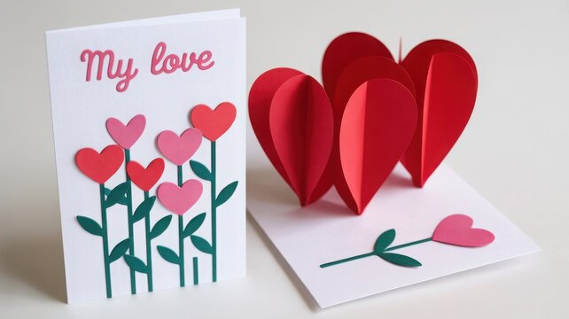 Handmade valentines day card with paper hearts isolated on white background