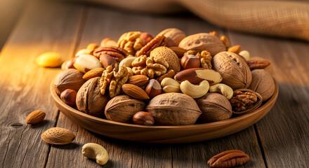 Wooden bowl with variety of nuts on table, perfect healthy snack