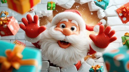 A cheerful cartoon Santa bursts through a snowy wall with gifts flying around him. His joyful expression, fluffy beard, and bright colors create a fun, energetic Christmas scene.