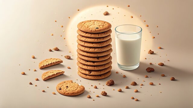 Stack of chocolate chip cookies with milk and crumbs - Powered by Adobe