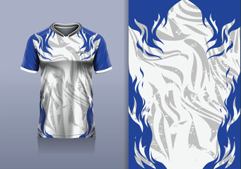 T-shirt mockup abstract texture grunge sport jersey design for football, soccer, racing, esports, running, blue white gray color