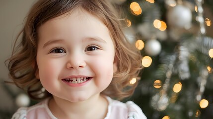 A smiling girl poses in front of a twinkling Christmas tree, joyfully celebrating the holiday season.