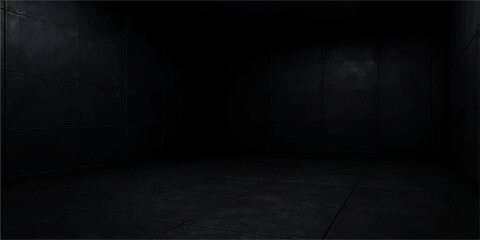Dark grunge concrete room interior with empty gray wall and wooden floor texture