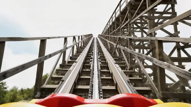 POV perspective ascending thrilling steep wooden roller coaster lift hill slowly outdoors.