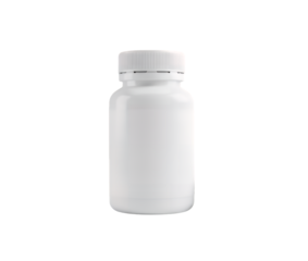 Plain white plastic bottle with a secure screw cap, suitable for pills, vitamins, or medicine, standing upright and isolated on a clean transparent background for product design