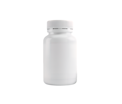 Plain white plastic bottle with a secure screw cap, suitable for pills, vitamins, or medicine, standing upright and isolated on a clean transparent background for product design