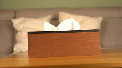 Hand pulling a soft hygienic tissue from a wooden dispenser