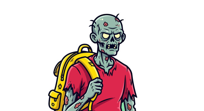Zombie with backpack stares intensely with a menacing expression ready to attack.