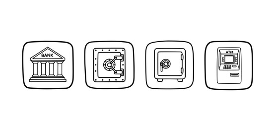 Vecter design Banking financial services icons: atm, bank building, vault, safe deposit box, money security silhouette