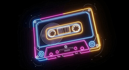 Neon cassette tape with transparent background