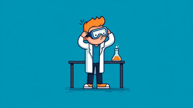 Cartoon boy with orange hair adjusting safety goggles in a lab coat near beaker